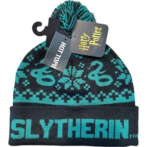 Harry Potter Slytherin Beanie Hot Topic Black Green Pom Pom Knit Hat New